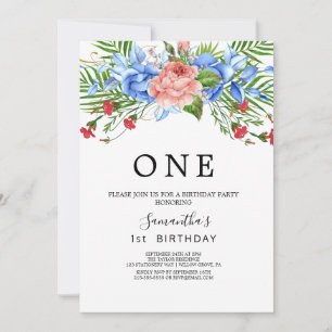 Modern flora First Birthday Party  Invitation