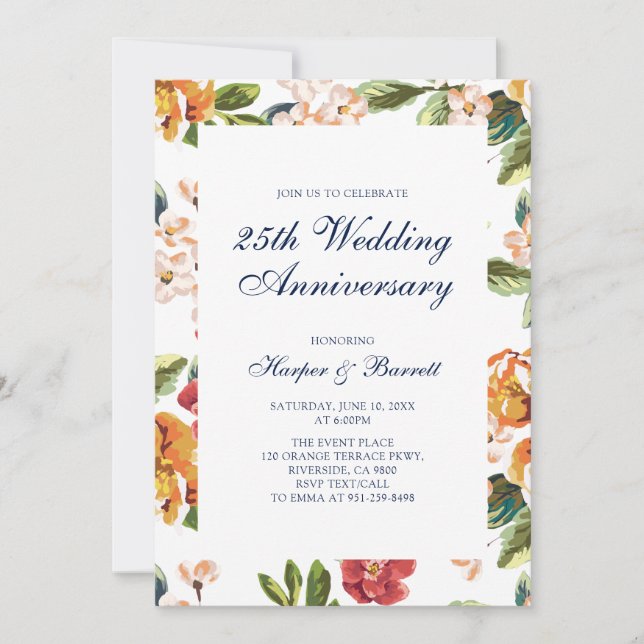 Modern Floral 25th Wedding Anniversary Party Invitation (Front)