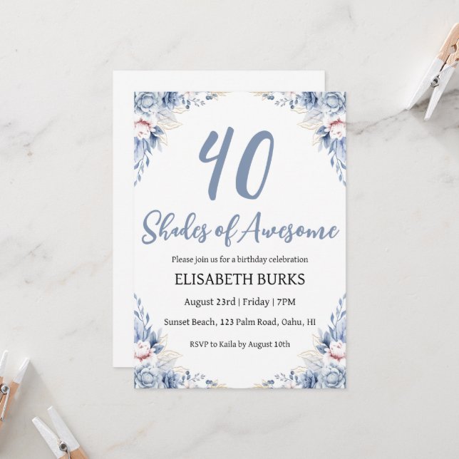 modern floral 40th birthday invitations (Front/Back In Situ)