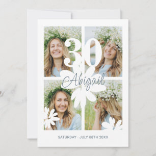 Modern Floral 4 Photo 30th Birthday Invitation