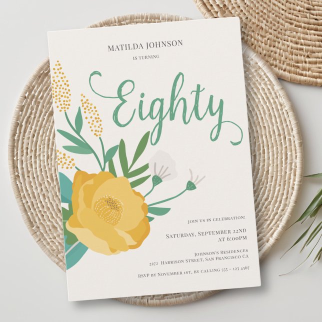 Modern Floral 80th Birthday Party Invitation (Modern Floral 80th Birthday Party Invitation)