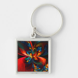 Modern Floral Abstract Art Orange Blue Pattern #14 Key Ring