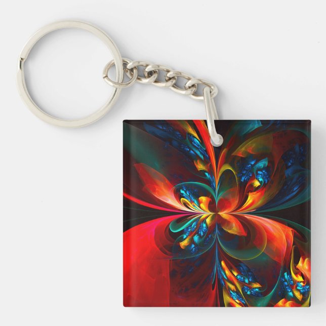 Modern Floral Abstract Art Orange Blue Pattern #14 Key Ring (Front)