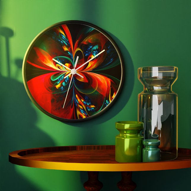 Modern Floral Abstract Art Orange Blue Pattern #14 Large Clock (Modern Floral Abstract Art Orange Blue Pattern #14 Clock)