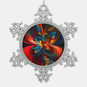 Modern Floral Abstract Art Orange Blue Pattern #14 Snowflake Pewter Christmas Ornament