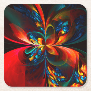 Modern Floral Abstract Art Orange Blue Pattern #14 Square Paper Coaster