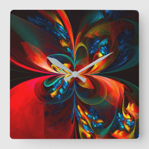 Modern Floral Abstract Art Orange Blue Pattern #14 Square Wall Clock