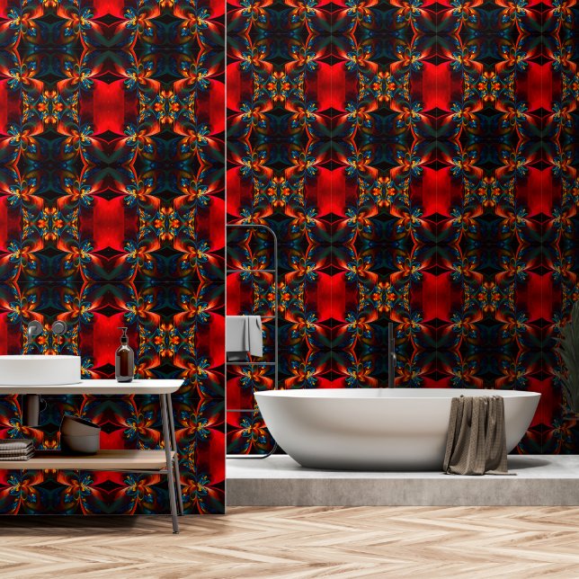 Modern Floral Abstract Art Orange Blue Pattern #14 Wallpaper (Bathroom)