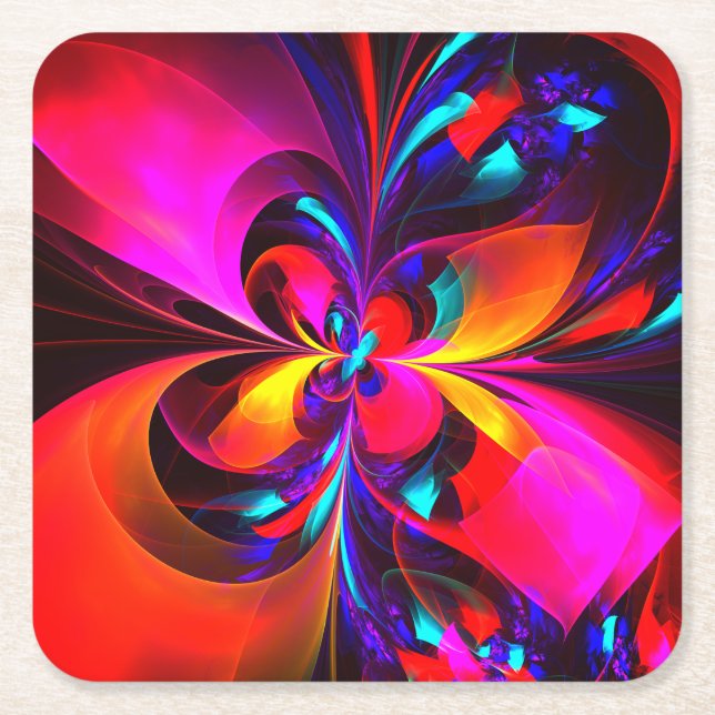 Modern Floral Abstract Art Red Blue Pattern #07 Square Paper Coaster (Front)