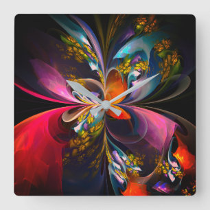 Modern Floral Abstract Art Red Blue Pattern #13 Square Wall Clock