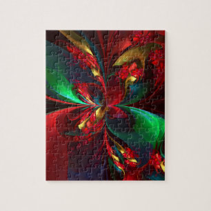 Modern Floral Abstract Art Red Green Pattern #11 Jigsaw Puzzle
