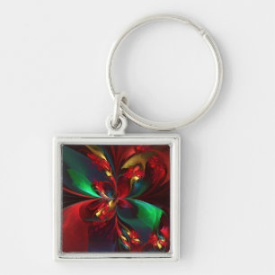 Modern Floral Abstract Art Red Green Pattern #11 Key Ring