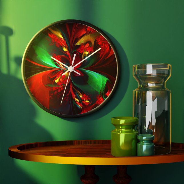 Modern Floral Abstract Art Red Green Pattern #11 Large Clock (Modern Floral Abstract Art Red Green Pattern #11 Clock)