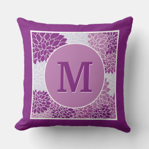 Modern Floral Abstract Purple Monogrammed Initial Cushion