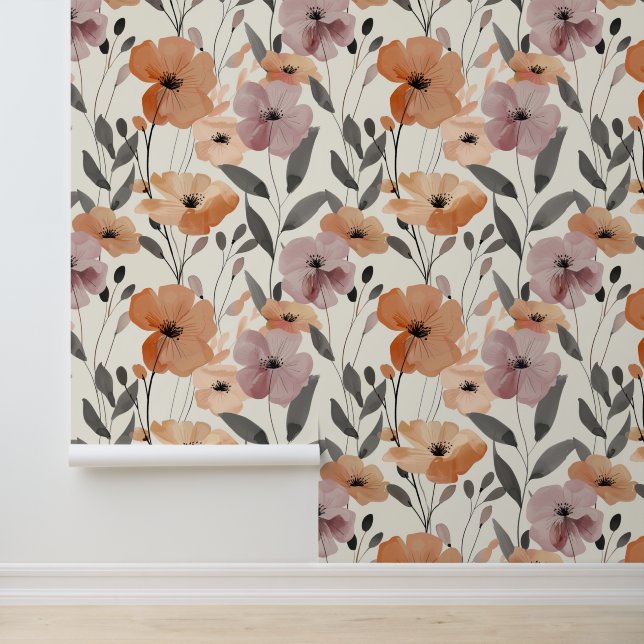Modern Floral Abstract Terracotta Lavender Wallpaper (Application)