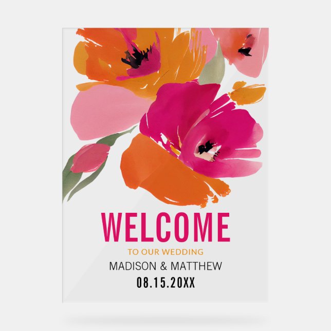 Modern Floral Acrylic Wedding Welcome Sign (Front)