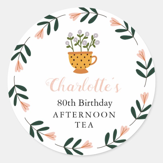 Modern Floral Afternoon Tea Birthday Favours Classic Round Sticker (Front)