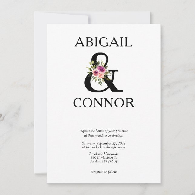 Modern Floral Ampersand Plum Pink Peach & Black Invitation (Front)