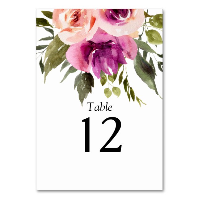 Modern Floral Ampersand Plum Pink Peach & Black Ta Table Number (Front)