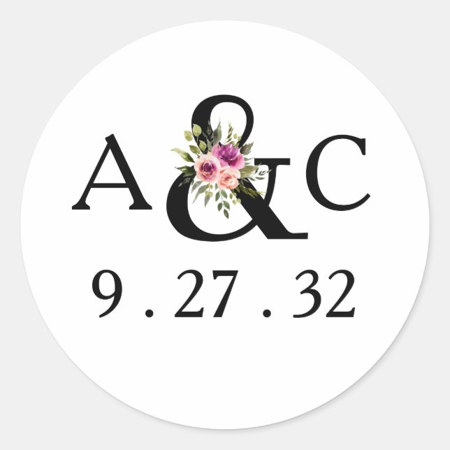 Modern Floral Ampersand Plum Pink Peach Initials Classic Round Sticker (Front)