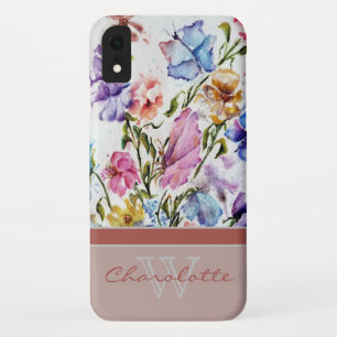 Modern Floral and Butterfly w Blush Monogram Name iPhone XR Case