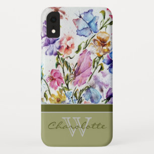 Modern Floral and Butterfly w Green Monogram Name iPhone XR Case