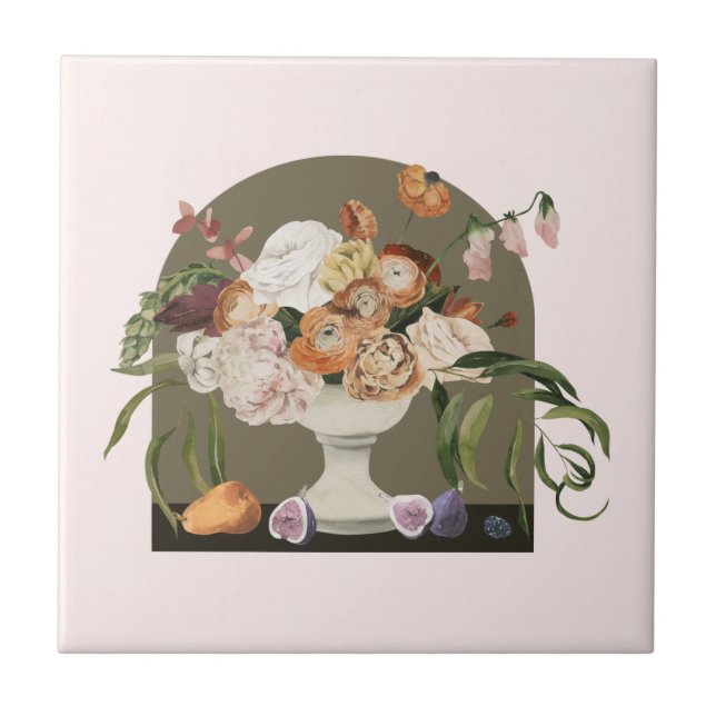 Modern Floral and Fruit White Vase Ceramic Tile (Front)