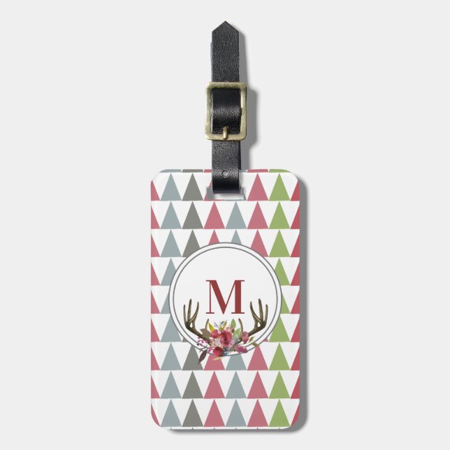 Modern Floral Antler Monogram Luggage Tag (Front Vertical)
