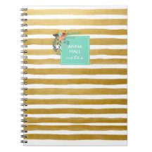 Modern Floral Aqua and Gold Foil Stripes Notebook