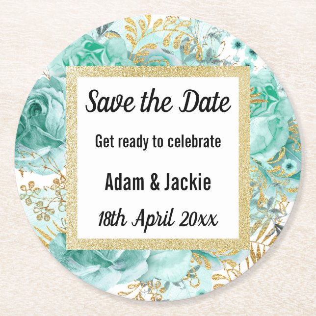 MODERN FLORAL AQUA GOLD SAVE THE DATE COASTER (Front)