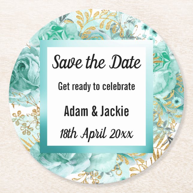 MODERN FLORAL AQUA WHITE SAVE THE DATE COASTER (Front)