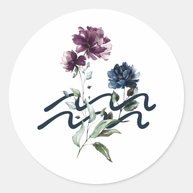 Modern Floral Aquarius Zodiac Sign Classic Round Sticker (Front)