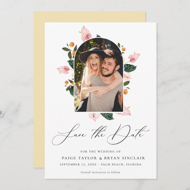 Modern Floral Arch Frame Save the Date Photo (Front/Back)