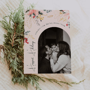 Modern Floral Arch Green happiest holidays Photo Holiday Card
