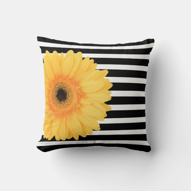 Modern Floral, B&W Stripes w Yellow Daisy Cushion (Front)