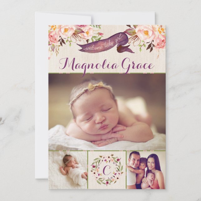 Modern Floral Baby Girl Birth Announcement Cards (Front)