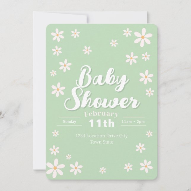 Modern Floral Baby Shower - Green Daisy Custom Invitation (Front)