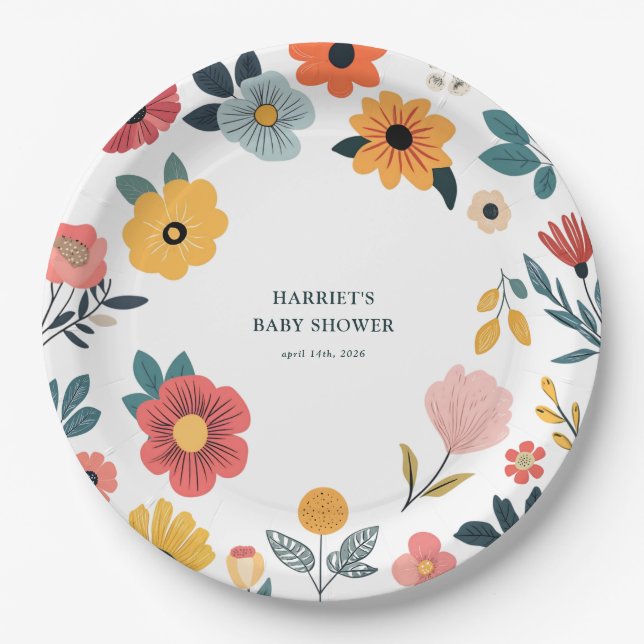 Modern Floral Baby Shower Paper Plate (Front)