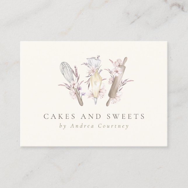 Modern Floral Bakery Pastry Chef Baking Utensils Business Card (Front)