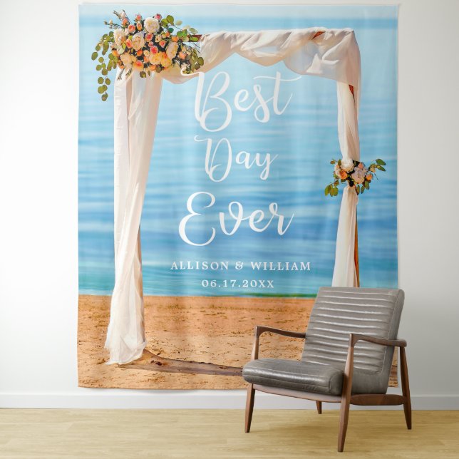 Modern Floral Beach Backdrop Photo Prop Wedding Tapestry (In Situ)