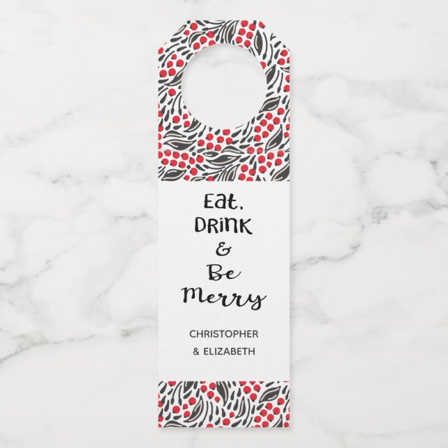 Modern Floral Berries Holiday Gift Bottle Tag (Front)