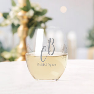 Modern floral Bird Overlay Flowers Monogram weddin Stemless Wine Glass