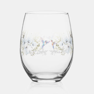Modern floral Bird Overlay Flowers wedding Stemless Wine Glass