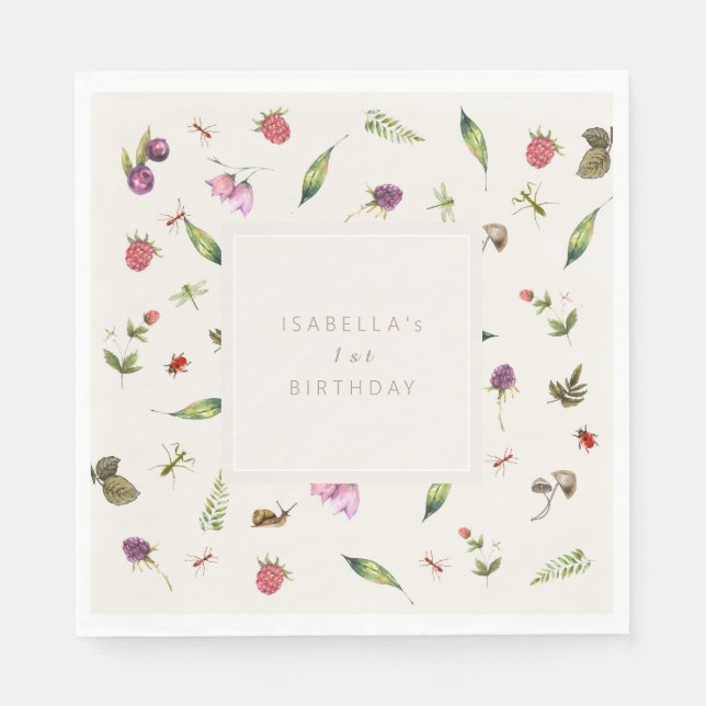 Modern Floral Birthday Greenery Berries Insects Napkin (Front)