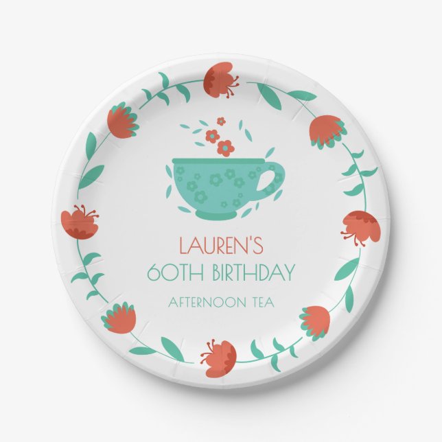Modern Floral Birthday - Tea Party Paper Plate (Front)