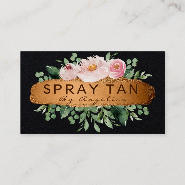 Modern Floral Black And Bronze Mobile Spray Tan Business Card (Front)