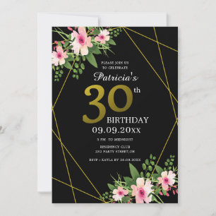 Modern Floral Black And Gold 30th Birthday Invitation