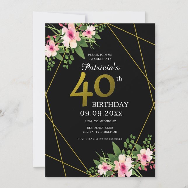 Modern Floral Black And Gold 40th Birthday Invitation (Front)