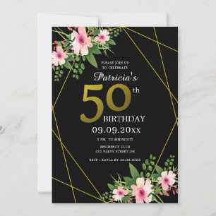 Modern Floral Black And Gold 50th Birthday Invitation