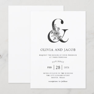 Modern Floral   Black and White Ampersand Wedding Invitation